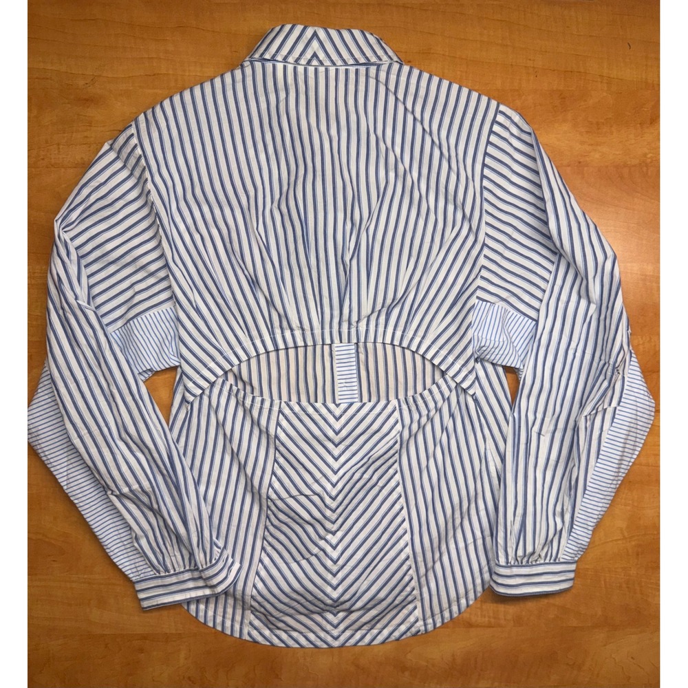 Maeve Anthropologie Blue White Striped Cotton Cutout Back Button Down Shirt XS - Picture 6 of 6